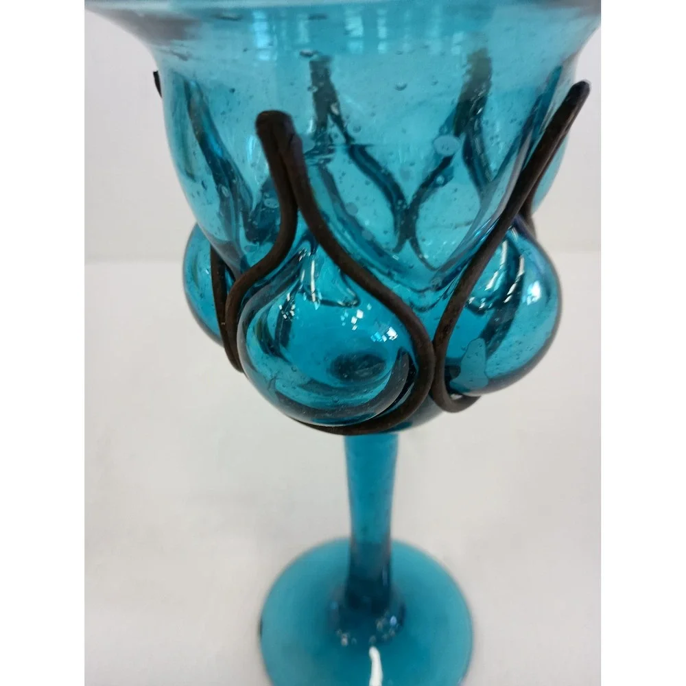 Vintage Hand Blown Glass Goblet Candle Holder Blue Wrought Iron Cage 9in